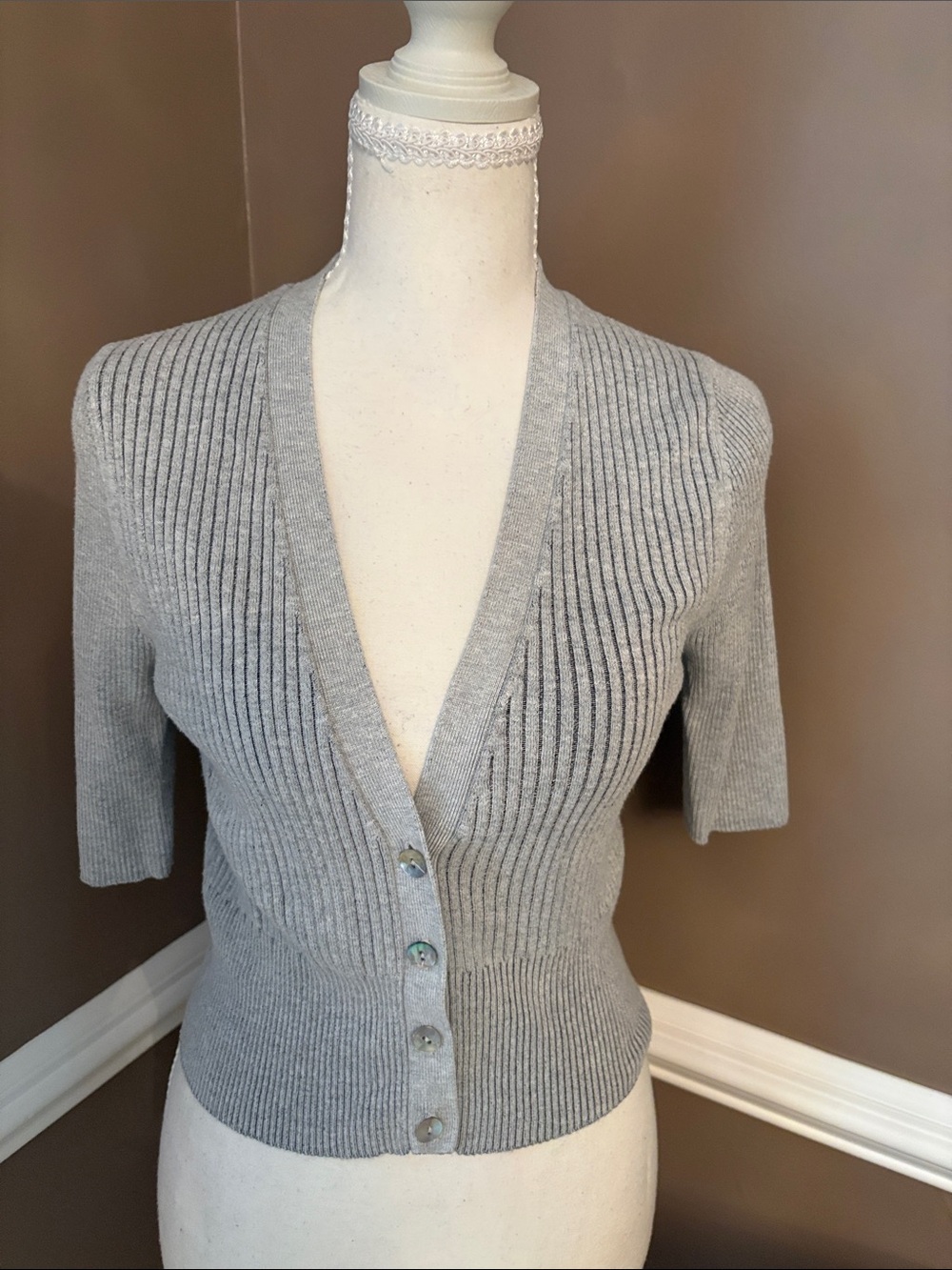 Express Gray Ribbed Short-Sleeve V-Neck Cardigan